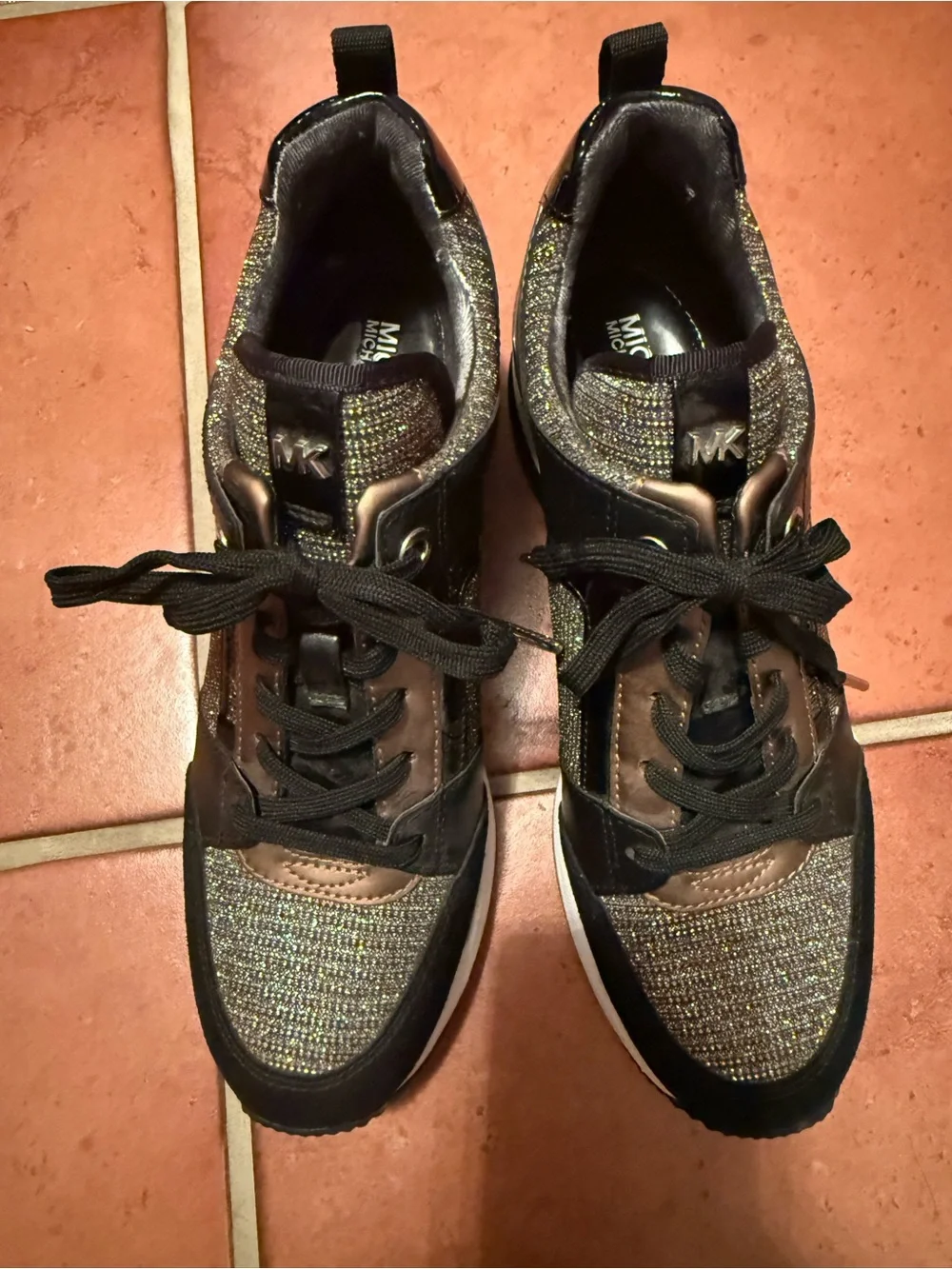 Michael Kors Georgie Trainer Black & Gold Glitter Wedge Sneakers Size 7